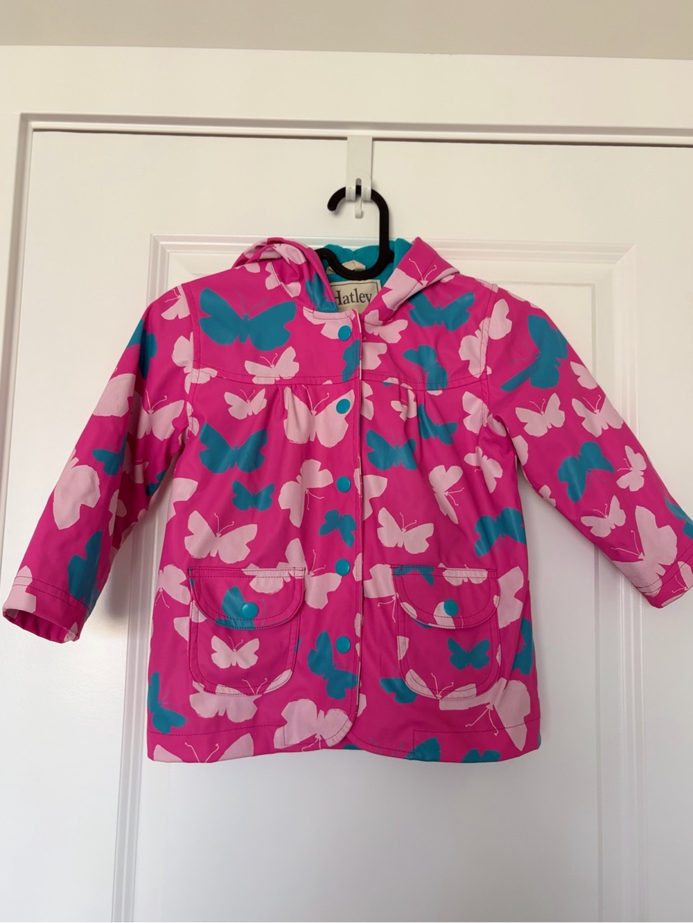 Hatley Pink Butterfly Raincoat with Teal and Light Pink Accents